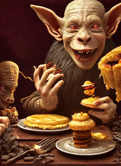 Image similar to highly detailed closeup portrait of a medieval goblin eating cakes, stephen bliss, unreal engine, greg rutkowski, ilya kuvshinov, ross draws, hyung tae and frank frazetta, tom bagshaw, tom whalen, nicoletta ceccoli, mark ryden, earl norem, global illumination, god rays, detailed and intricate environment