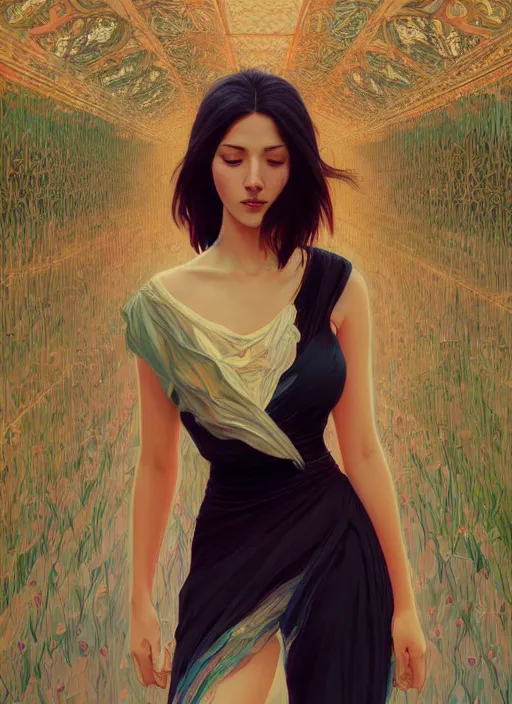 Image similar to handsome young women with shoulder length black hair, half body shot, path traced, highly detailed, high quality, digital painting, alena aenami, lilia alvarado, shinji aramaki, karol bak, alphonse mucha, tom bagshaw, hd, 8 k