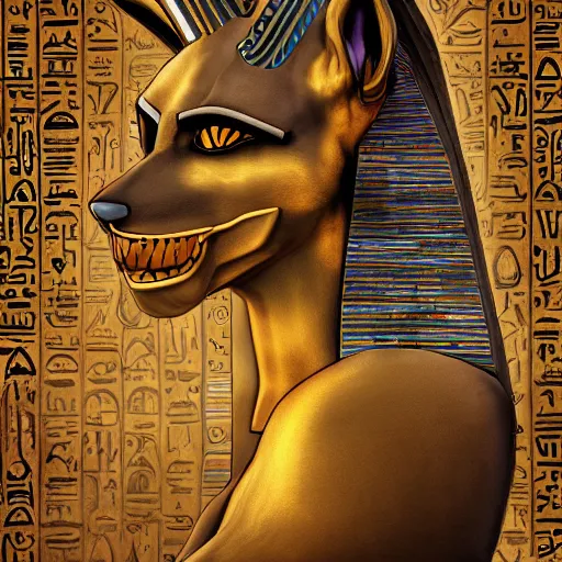 Image similar to Anubis, Egyptian background, very detailed, artstation, illustration, masterpiece, digital art, Furry Art