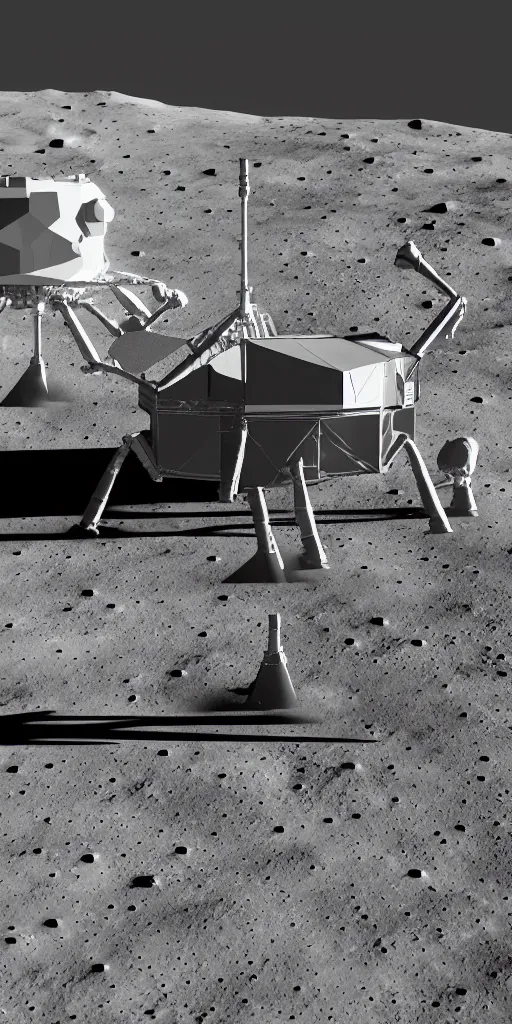 Prompt: lunar lander on the surface of moon, science fiction, intricate design, cinematic lighting, intricate details, 8 k, unreal engine, photo realism.