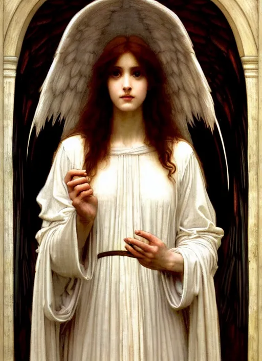 Prompt: portrait of beautiful archangel in white robes, pre - raphaelite painting by john william waterhouse, trending on art station. highly detailed, symmetrical face.