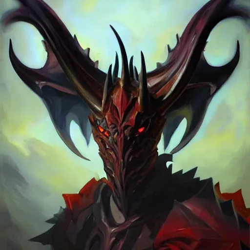 Image similar to Greg Manchess portrait painting of a horned, demonic, devil dragon armored character from league of legends, medium shot, asymmetrical, profile picture, Organic Painting, sunny day, Matte Painting, bold shapes, hard edges, street art, trending on artstation, by Huang Guangjian and Gil Elvgren and Sachin Teng