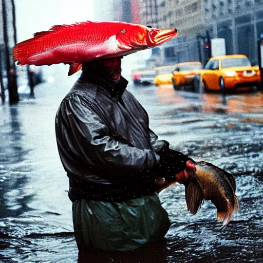 Prompt: closeup portrait of a fisherman holding a big fish in a rainy new york street, photography, time magazine