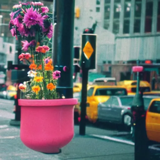 Prompt: colourful, friendly, happy, flowery, existential alien from the movie alien at a bus stop in new york, 3 5 mm lens.