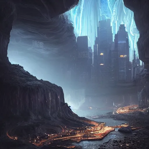 Prompt: “realistic image of city in a giant underground cave, bioluminescence, mushrooms, crystals, roots, Artstation HQ, photorealistic, hiperrealistic, 4k UHD, Unreal Engine 5, cinematic shot, cinematic lightning, dark tones, high contrast, masterpiece”