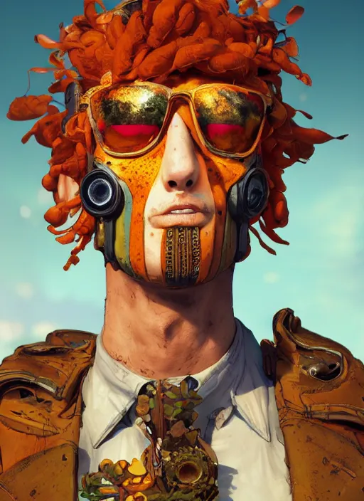 Prompt: lunarpunk portrait of curly orange hair man from borderlands 3, au naturel, hyper detailed, digital art, trending in artstation, cinematic lighting, studio quality, smooth render, unreal engine 5 rendered, octane rendered, art style by klimt and nixeu and ian sprigger and wlop and krenz cushart.