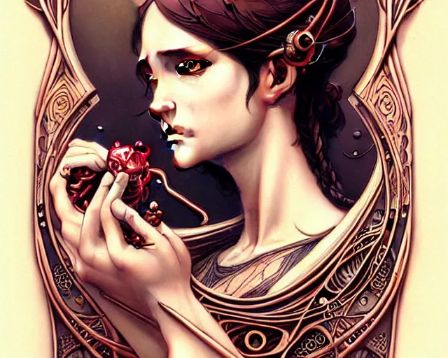 Prompt: Lovers with mechanical eyes, art nouveau, fantasy, intricate copper pipe designs, elegant, highly detailed, sharp focus, art by Artgerm and Greg Rutkowski and WLOP