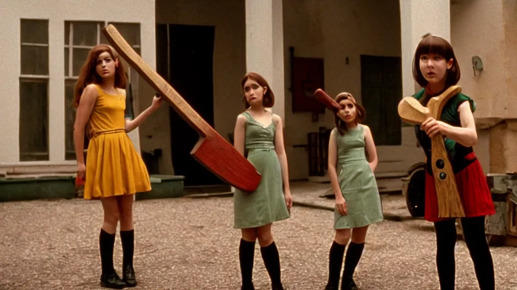 Image similar to A girl in a mod dress holding an axe confronts the monster, Film still from Wes Anderson, wide lens