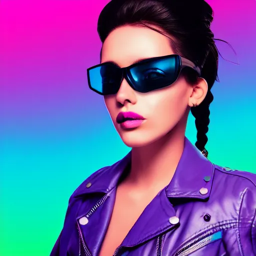 Image similar to closeup painting of a very beautiful young mexican cyberpunk woman with light blue shutter shades, purple leather jacket, synthwave