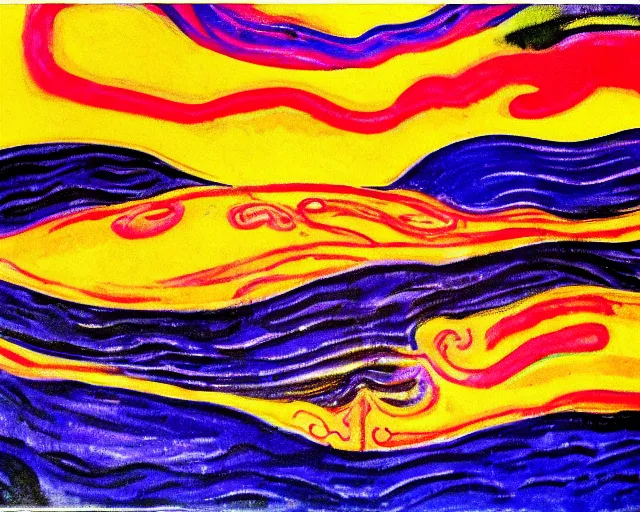 Prompt: Ocean waves in a psychedelic dream world. DMT. Curving rivers. Edvard Munch. Emil Nolde. Minimalist.