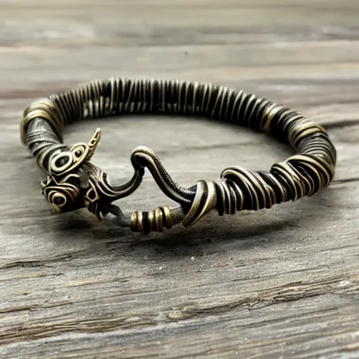 Prompt: poseidon cultists bangle, bronze wire, intricate poseidon style, ancient mediterranean jewelry, fine craftsmanship