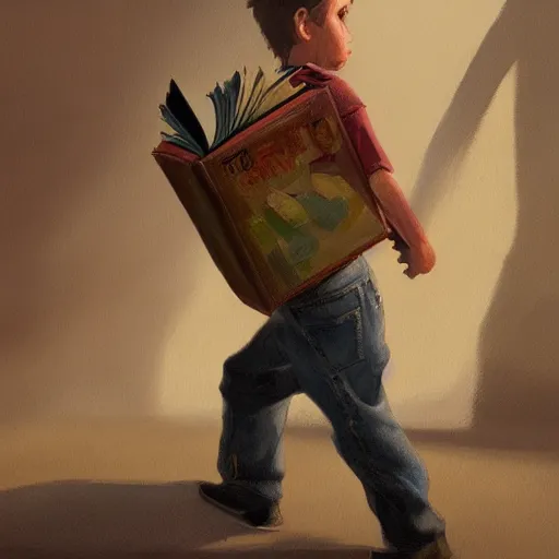 Prompt: a boy stealing several books and putting them in his backpack, oil painting, ultradetailed, artstation, ultradetailed, digital painting, ultradetailed