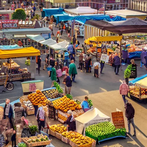 Image similar to film still, establishing shot of bustling farmers market, golden hour, high angle