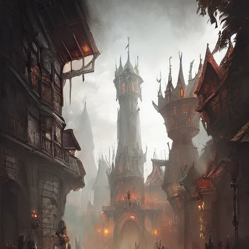 Image similar to street leading to a fantasy castle, dramatic lighting, city background, chiaroscuro, high detail, painted by greg rutkowski, painted by igor kieryluk, painted by bobby chiu, trending on artstation