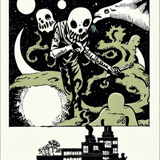 Image similar to ghosts in the bayou, heavy ink, moon in sky, green, mike mignola