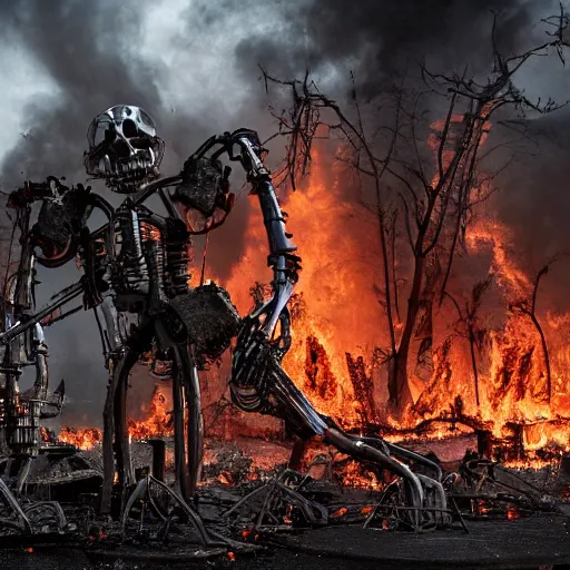 Prompt: terminator endoskeleton graveyard on fire by disney