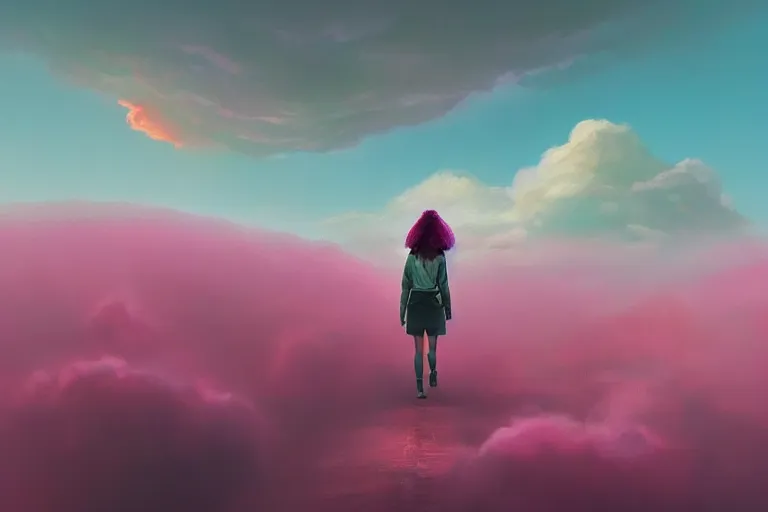 Prompt: giant dahlia flower over head, girl walking on mountain, surreal photography, pink storm clouds, dramatic light, impressionist painting, digital painting, artstation, simon stalenhag