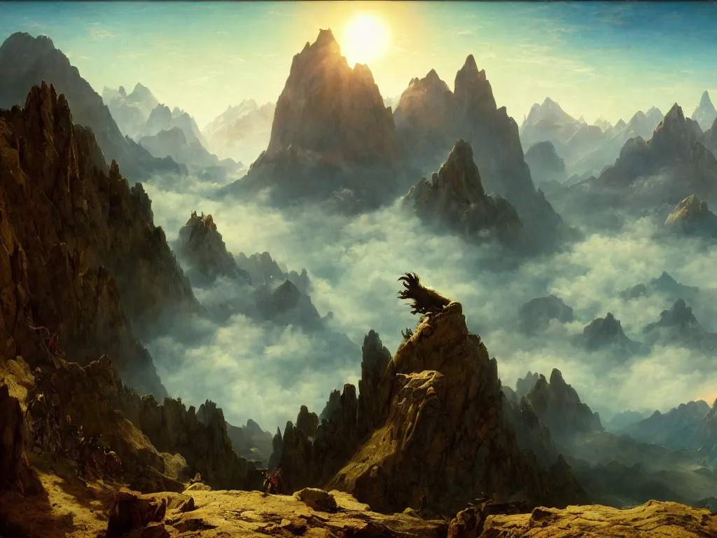 Prompt: an alien planet, high mountains and cloud filled skies, a beautiful dragon in the sky., by albert bierstadt, artstation, in the style of assassin's creed, by pieter bruegel the elder, cinematic, golden hour, wide angle, technicolor, divine, perfectionism