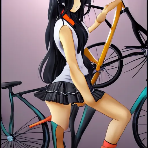 Image similar to Anime girl black hair tail dark skin with old bicycle trending on artstation