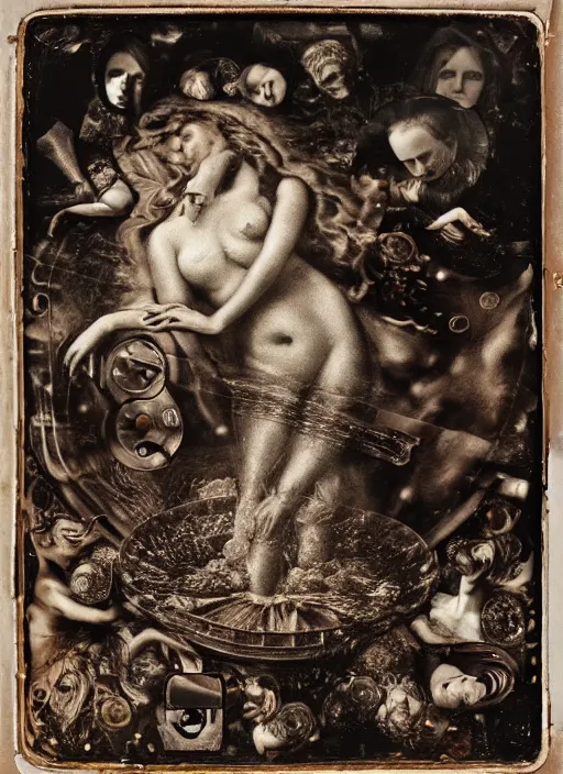 Image similar to old wetplate daguerreotype portrait of birth of venus, explosion of data fragments, fractal, intricate, elegant, highly detailed, parallax, leica, medium format, subsurface scattering, portrait, elegant, highly detailed, matte painting, by stanley spencer