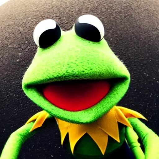 Image similar to kermit the frog accidentally takes a selfie while dropping his phone