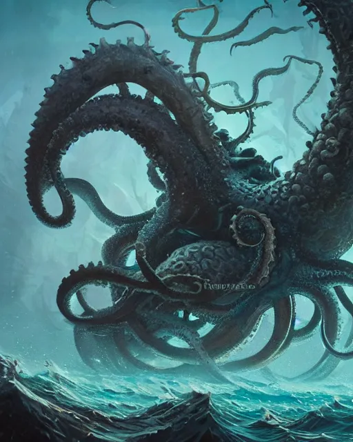 Image similar to A sea color Kraken, terrifying, highly detailed, fantasy art, monster art, in the style of greg rutkowski, illustration, epic, fantasy, intricate, hyper detailed, artstation, concept art, smooth, sharp focus, ray tracing