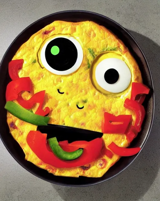 Prompt: adorable omelet monster with diced peppers and salsa, googly - eyes, pixar, dreamworks, by sam nassour