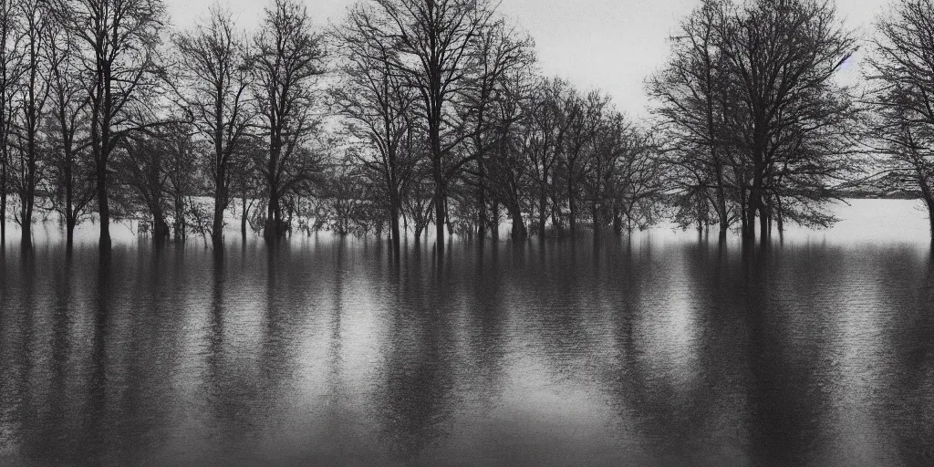 Image similar to centered photograph of a infintely long rope zig zagging across the surface of the water into the distance, floating submerged rope stretching out towards the center of the lake, a dark lake on a cloudy day, moody scene, trees in the background, hyper - detailed photo, anamorphic lens