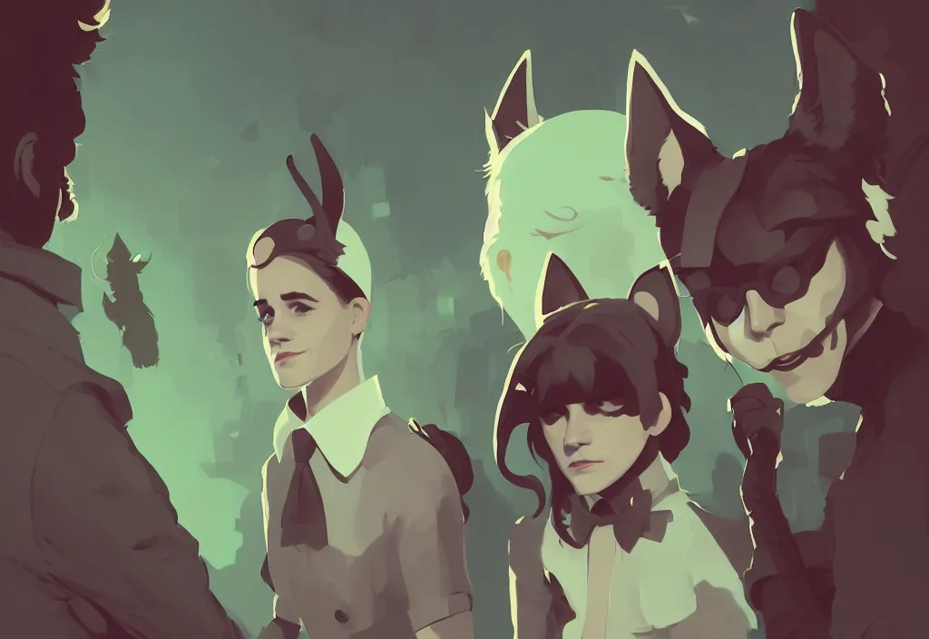 Image similar to joe biden and emma watson with cat ears, epic debates, presidental elections candidates, cnn, fox news, fantasy, by atey ghailan, by greg rutkowski, by greg tocchini, by james gilleard, by joe gb fenton, dynamic lighting, gradient light green, brown, blonde cream, salad and white colors in scheme, grunge aesthetic