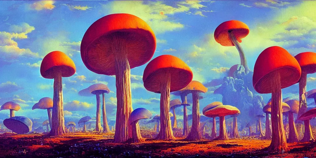 Prompt: landscape of an alien world, giant colorful mushroom skyscapers, by bruce pennington. vibrant color