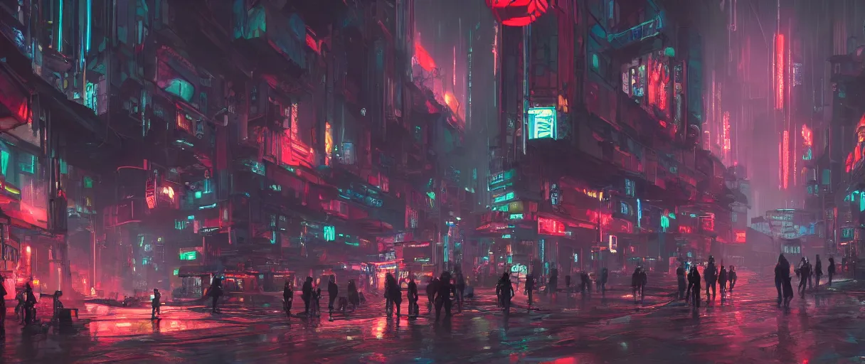 Prompt: concept art environment design of dystopian cyberpunk city with neon lights, people on the streets being monitored by drones, trending on artstation, painted by dreadjim, eddie mendoza, wlop