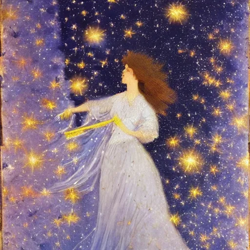 Image similar to The experimental art features a woman with wings made of stars, surrounded by a blue and white night sky. The woman is holding a staff in one hand, and a star in the other. She is wearing a billowing white dress, and her hair is blowing in the wind. violet by Mordecai Ardon, by Ivan Shishkin turbulent, earthy