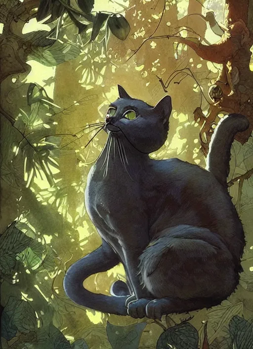 Image similar to a hyper realistic ink cat alien technology and sunbeams blue sky, lush forest foliage painting by chiara bautista and norman rockwell and greg rutkowski weta studio, and lucasfilm