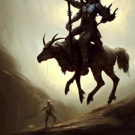 Prompt: archangel tyrael carrying a scale and riding a goat, oil painting, tooth wu, greg rutkowski, rpg, dynamic lighting, fantasy art, high contrast, depth of field