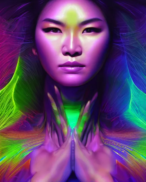 Image similar to a powerful energy psychedelic matrix asian woman, by alexander fedosav, hyper detailed digital matte painting, concept art, hyperrealism, 1 6 k resolution, cinema 4 d, 8 k resolution, trending on artstation, behance hd, a masterpiece, by stephan martiniere, particles, cel - shaded, power bright neon energy, by david a. hardy