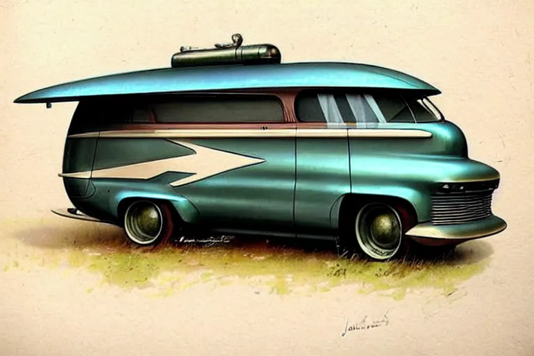 Image similar to ( ( ( ( ( 1 9 5 0 s retro science fiction rv ratrod camper. muted colors. ) ) ) ) ) by jean - baptiste monge!!!!!!!!!!!!!!!!!!!!!!!!!!!!!!