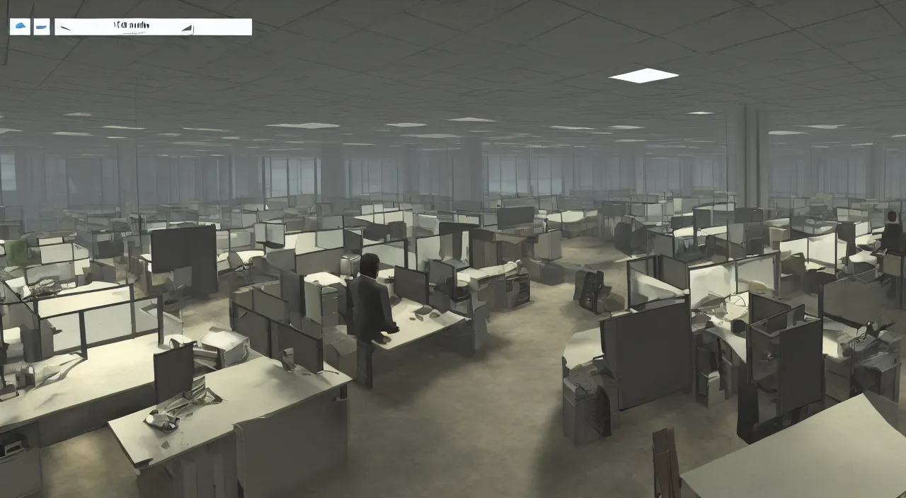 Prompt: A man in the office at 3AM with multiple cubicles and a window that provides a view of the city, Source Engine, Gmod, Half Life 2