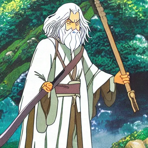 Image similar to gandalf from the anime lord of the rings (1986), holding a wooden staff, studio ghibli, very detailed, realistic