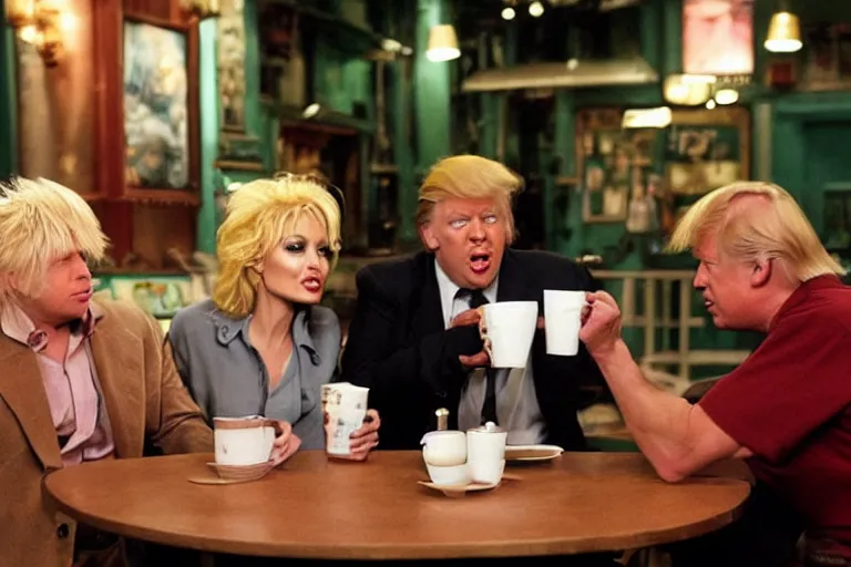 Image similar to Angelina Jolie, boris johnson, The Alien from the movie 'Alien', dolly parton, donald trump are best friends, drinking coffee at central perk, still photo, hyperrealistic, 35mm, 8k, by weta digital