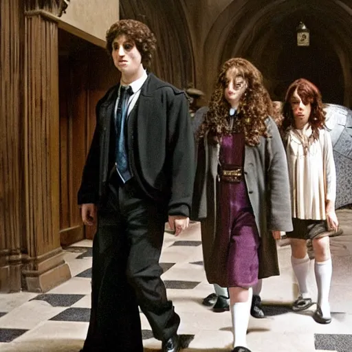 Image similar to Hermionie Granger as minister of magic being escorted from office by a mysterious wizard