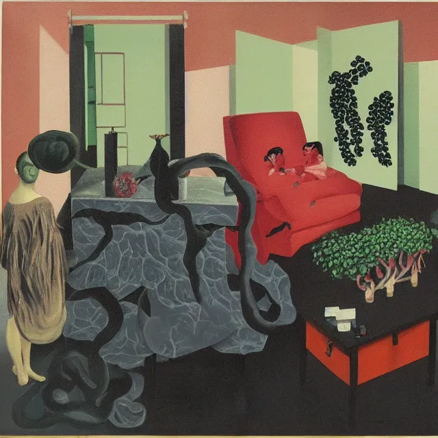 Prompt: a female pathology student in her apartment, wild berry vines, pig, black walls, ikebana, pear, snakes, black armchair, sculpture, acrylic on canvas, surrealist, by magritte and monet