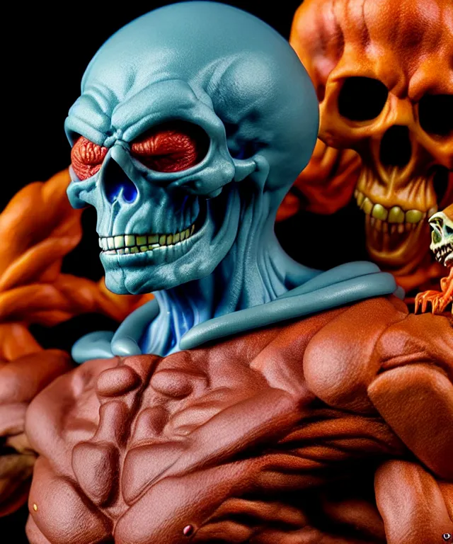 Image similar to hyperrealistic rendering, skeletor, by art of skinner and richard corben and jeff easley, product photography, action figure, sofubi, studio lighting, colored gels