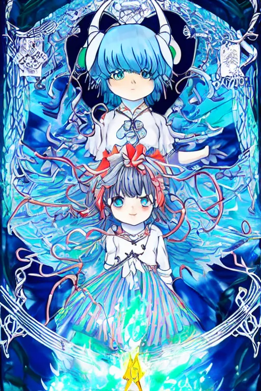 Image similar to cirno, touhou project, official artwork, intricate, amazing line work, colorful, tarot cards, the devil tarot card