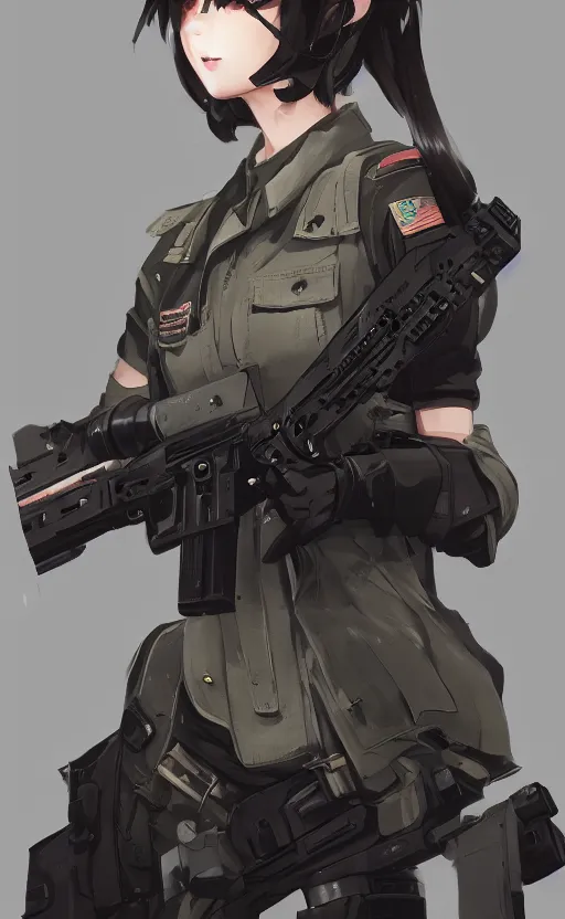 Prompt: highly detailed, high resolution, character design art, stunning, volumetric lightning, realistic guns, girls frontline style, matte, sharp focus, 150mm, illustration, artstation, by kuvshinov ilya, realistic human anatomy, simple design, realistic military gear