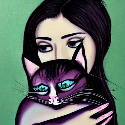 Image similar to a painting of a woman holding a cat, a character portrait by harumi hironaka, trending on deviantart digital illustration