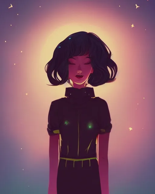 Prompt: kipo standing under the stars with an arm raised to the night sky, in professional makeup, dramatic lighting, by lois van baarle, 4 k, trending on artstation
