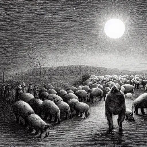 Image similar to pigs in a tuxedo walk out of a barn, dramatic lighting, creepy, farm background, moon, chiaroscuro, high detail, illustration by gustave dore