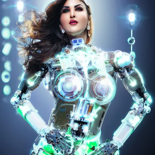 Prompt: beautiful centered Fine art photo portrait of Sunny Leone as a solarpunk robotic humanoid, crystal mechanical parts with led lights, photorealistic, white background, highly detailed and intricate, outdoor lighting, HDR 8k