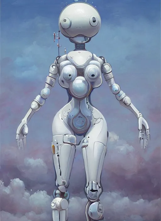 Image similar to an intricate oil painting of a giant pristine white humanoid curvy feminine figure bubble mech with rounded components by simon stalenhag, inspired by nier : automata, clean white lab background