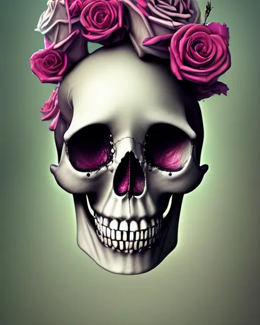 Image similar to portrait of a female skull with roses instead of eyes. roses, intricate abstract upper body intricate artwork, by tooth wu, wlop, beeple, dan mumford. concept art, octane render, deviantart, greg rutkowski, cinematic arthouse, key art, hyper realism, iridescent accents